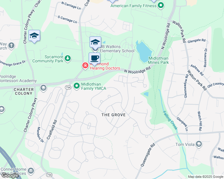 map of restaurants, bars, coffee shops, grocery stores, and more near 712 Coalbrook Drive in Midlothian