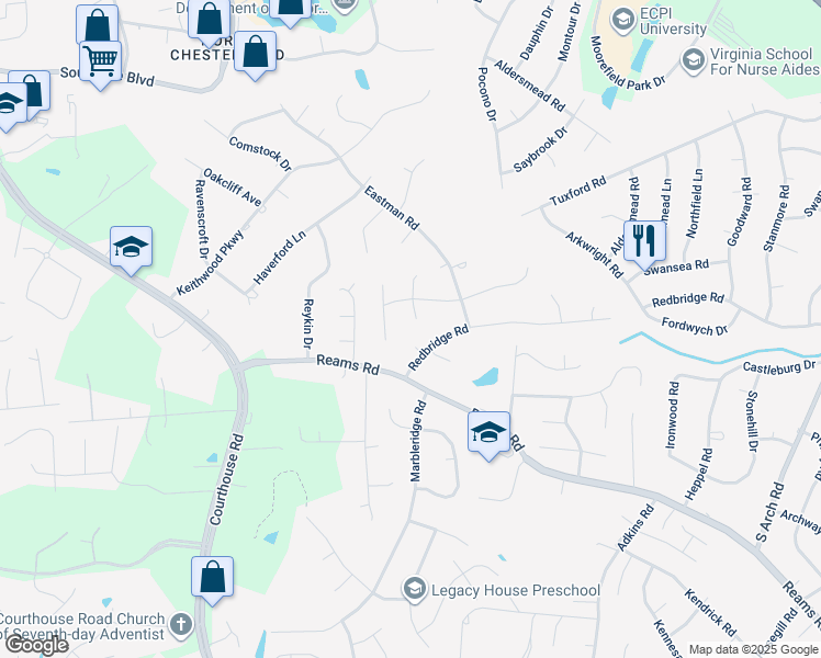 map of restaurants, bars, coffee shops, grocery stores, and more near 12 Big Meadows Court in Chesterfield County