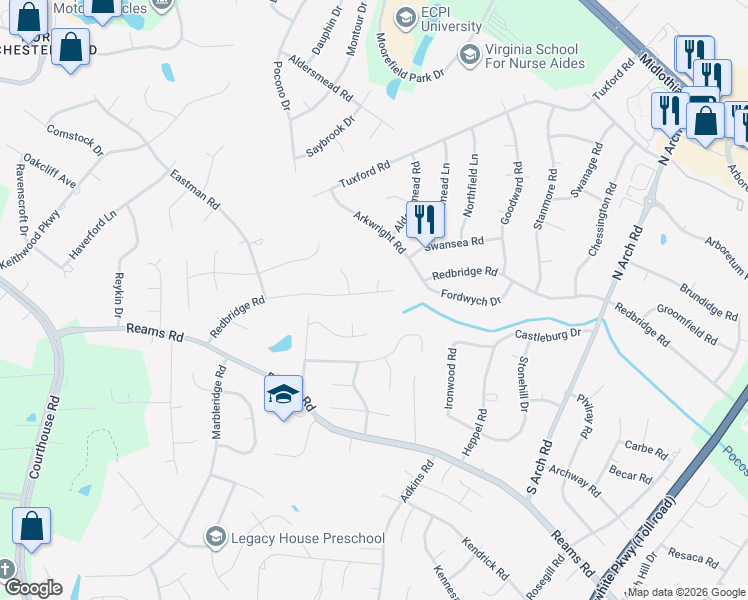 map of restaurants, bars, coffee shops, grocery stores, and more near 10001 Redbridge Road in Richmond