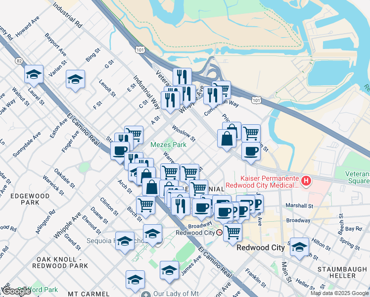 map of restaurants, bars, coffee shops, grocery stores, and more near 721 Hopkins Avenue in Redwood City