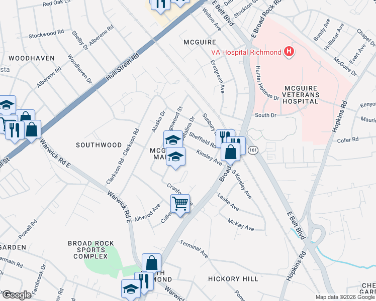 map of restaurants, bars, coffee shops, grocery stores, and more near 1745 Catalina Drive in Richmond