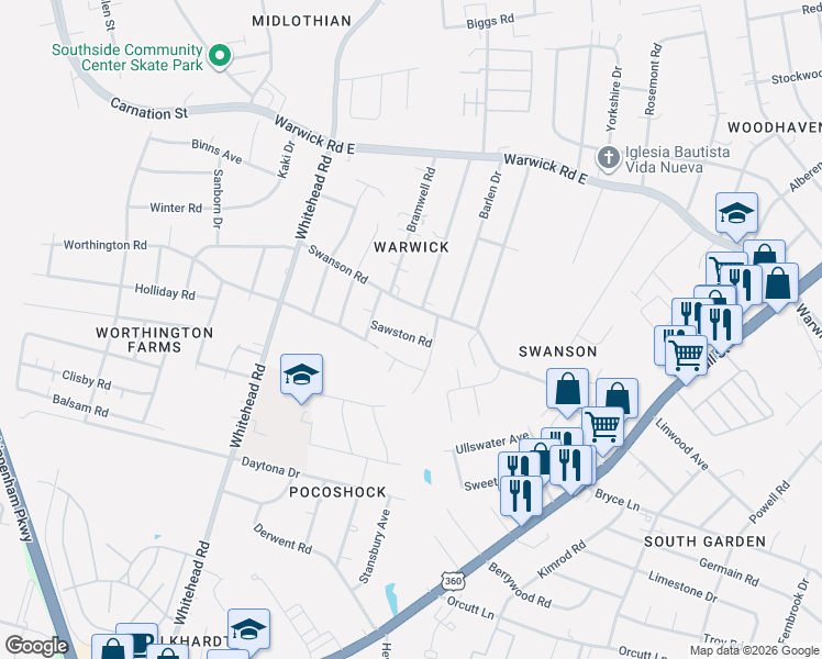 map of restaurants, bars, coffee shops, grocery stores, and more near 5942 Worthington Road in Richmond