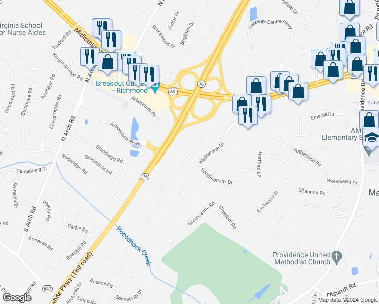 map of restaurants, bars, coffee shops, grocery stores, and more near 460 Trickling Creek Road in Richmond