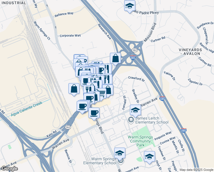 map of restaurants, bars, coffee shops, grocery stores, and more near 5 Winema Common in Fremont