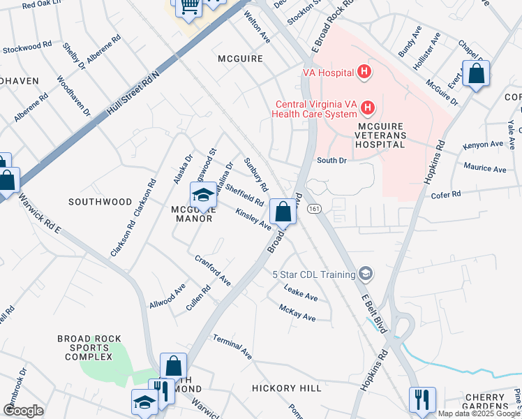 map of restaurants, bars, coffee shops, grocery stores, and more near 4201 Sheffield Road in Richmond