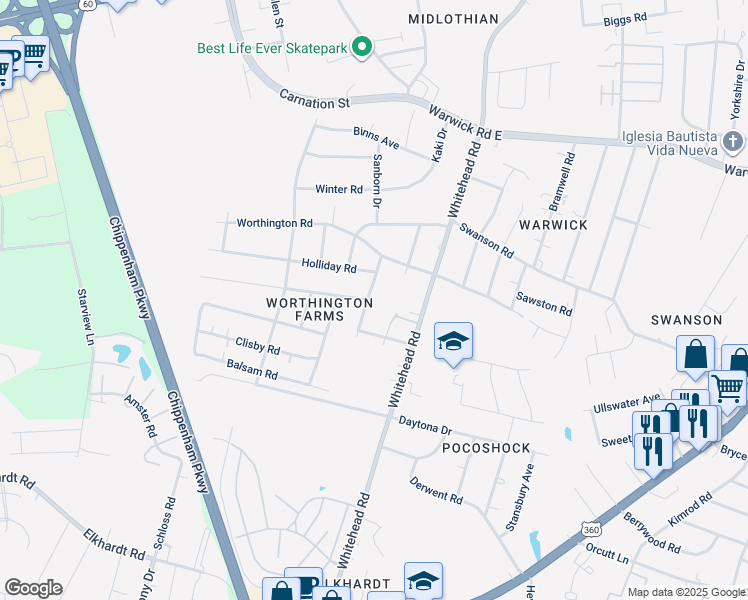map of restaurants, bars, coffee shops, grocery stores, and more near 1025 Andros Road in Richmond