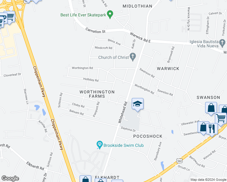 map of restaurants, bars, coffee shops, grocery stores, and more near 1025 Andros Road in Richmond