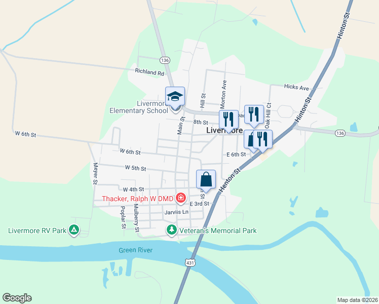 map of restaurants, bars, coffee shops, grocery stores, and more near Hill St in Livermore