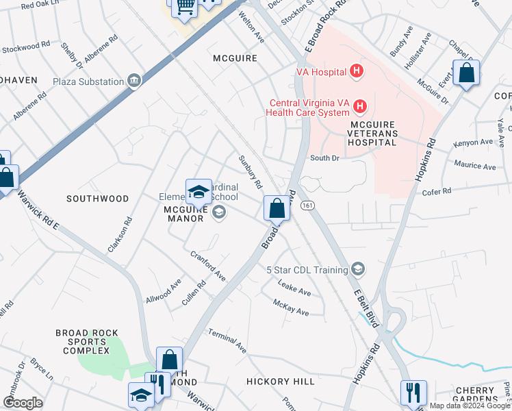 map of restaurants, bars, coffee shops, grocery stores, and more near 4201 Sheffield Road in Richmond