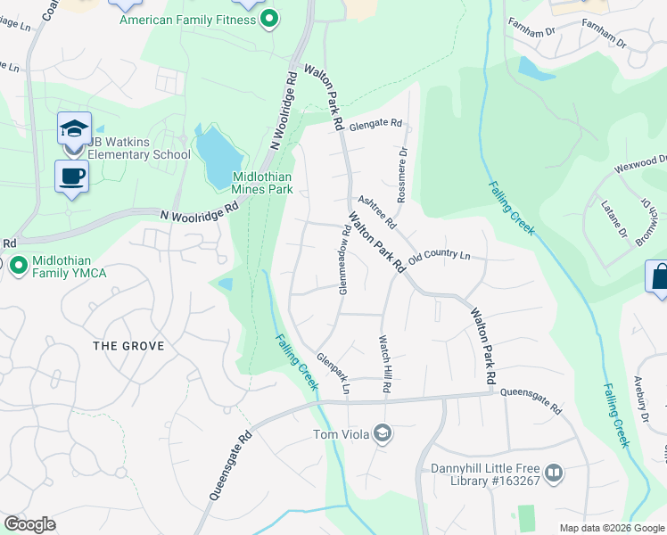map of restaurants, bars, coffee shops, grocery stores, and more near 13112 Winamack Road in Midlothian