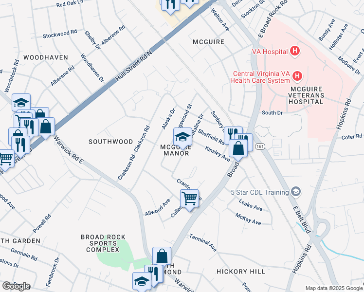 map of restaurants, bars, coffee shops, grocery stores, and more near 1724 Catalina Drive in Richmond