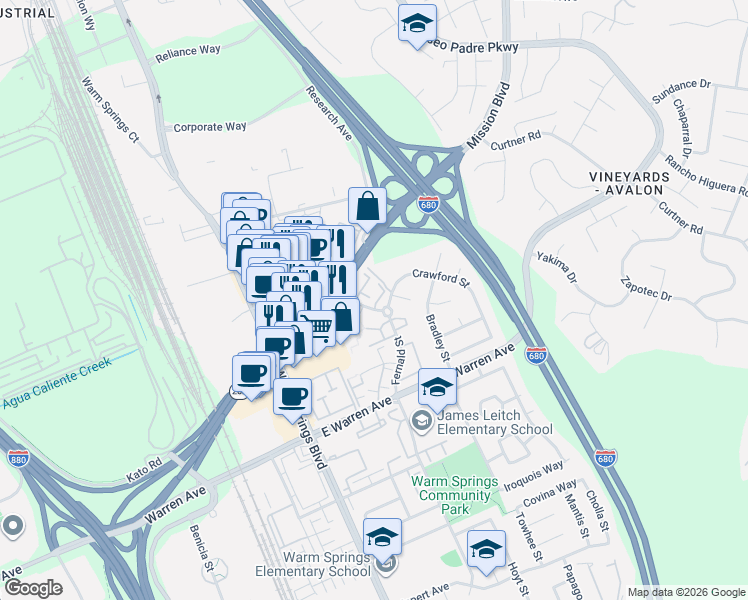 map of restaurants, bars, coffee shops, grocery stores, and more near 386 Sequim Common in Fremont