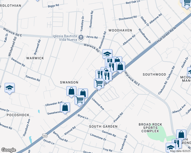 map of restaurants, bars, coffee shops, grocery stores, and more near 5336 Hull Street Road in Richmond