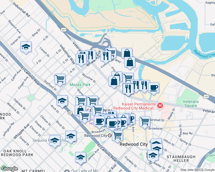 map of restaurants, bars, coffee shops, grocery stores, and more near 630 Veterans Boulevard in Redwood City