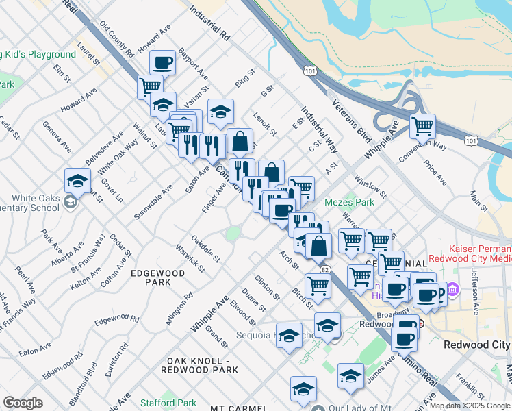 map of restaurants, bars, coffee shops, grocery stores, and more near 2 Edgewood Road in Redwood City