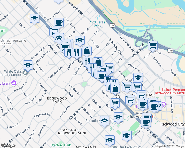 map of restaurants, bars, coffee shops, grocery stores, and more near 2 Edgewood Road in Redwood City