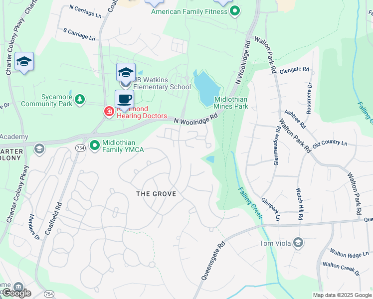 map of restaurants, bars, coffee shops, grocery stores, and more near 622 Scotter Hills Place in Midlothian