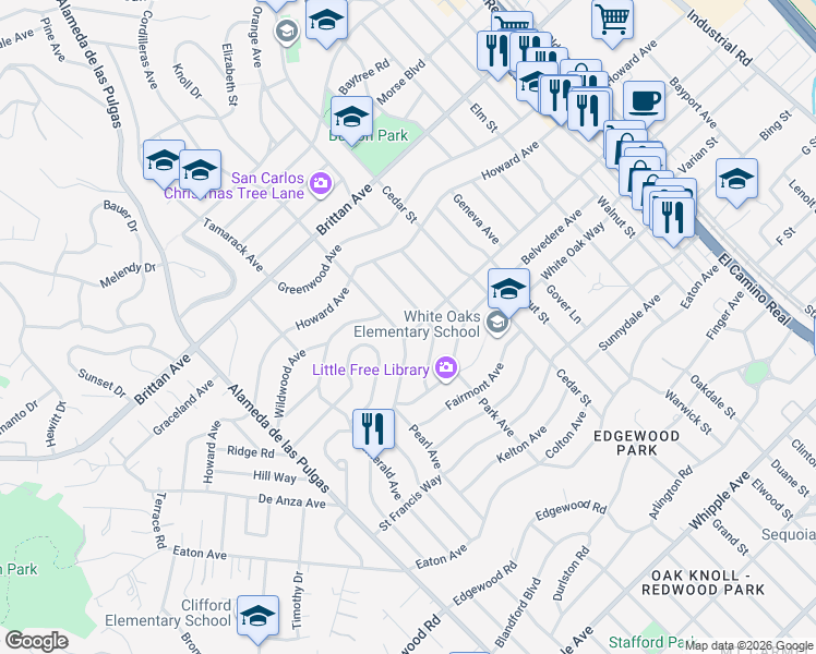 map of restaurants, bars, coffee shops, grocery stores, and more near 2130 Belmont Avenue in San Carlos