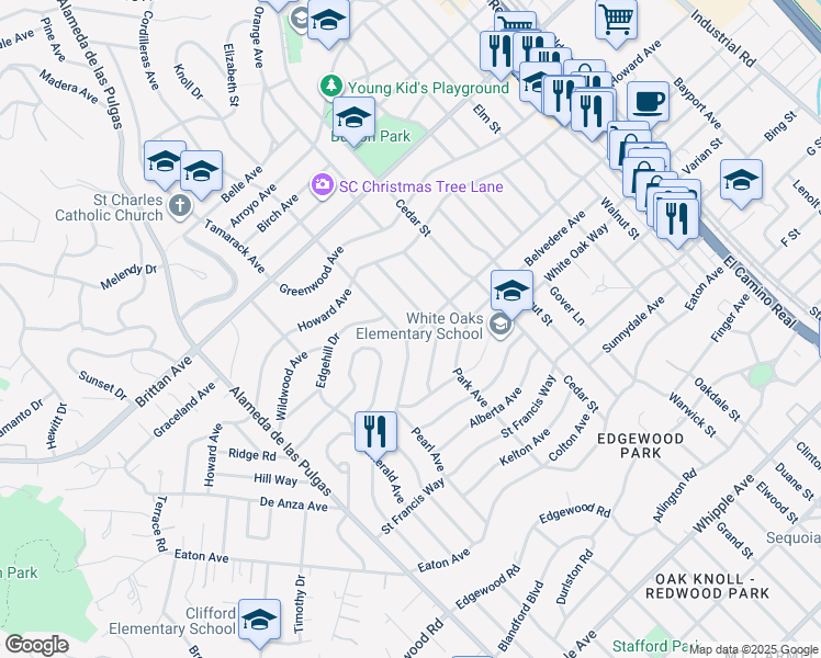 map of restaurants, bars, coffee shops, grocery stores, and more near 2130 Belmont Avenue in San Carlos