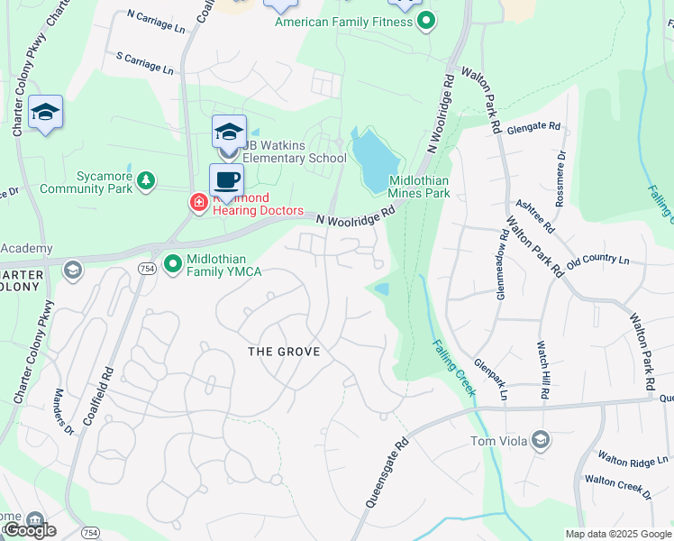 map of restaurants, bars, coffee shops, grocery stores, and more near 618 Scotter Hills Place in Midlothian