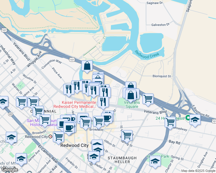 map of restaurants, bars, coffee shops, grocery stores, and more near 298 Walnut St in Redwood City
