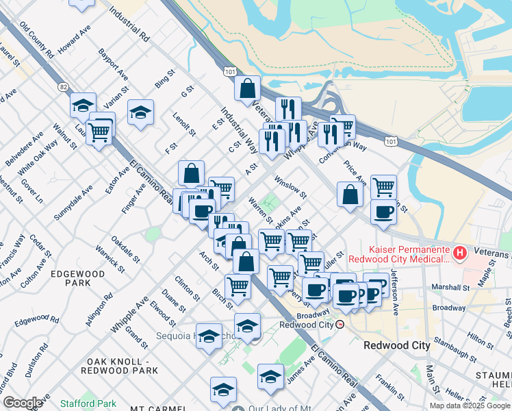 map of restaurants, bars, coffee shops, grocery stores, and more near 300 Howland Street in Redwood City