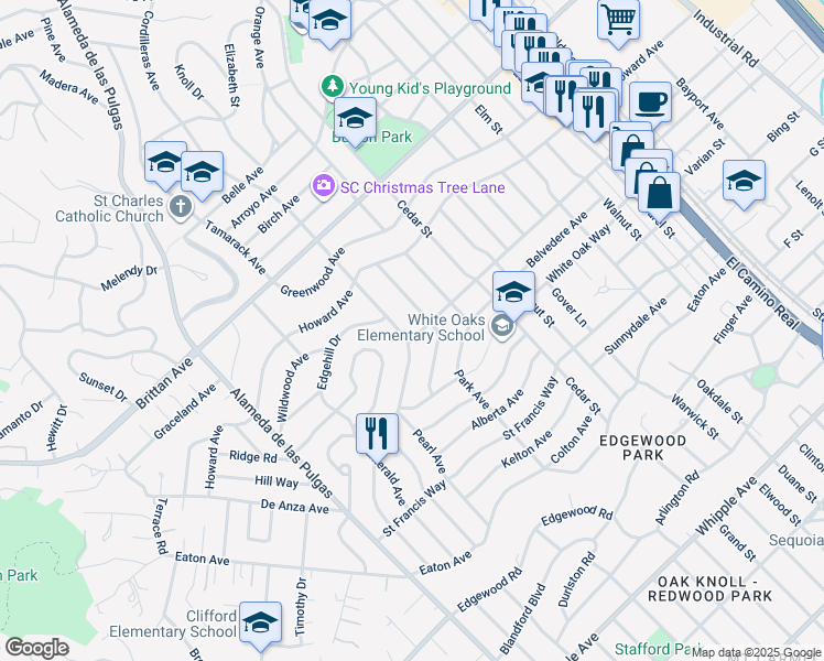 map of restaurants, bars, coffee shops, grocery stores, and more near 2130 Belmont Avenue in San Carlos