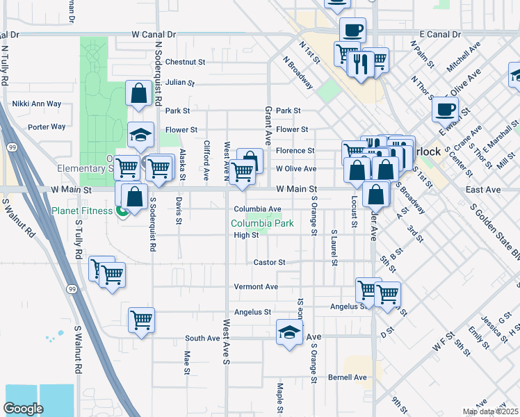 map of restaurants, bars, coffee shops, grocery stores, and more near 670 West Main Street in Turlock
