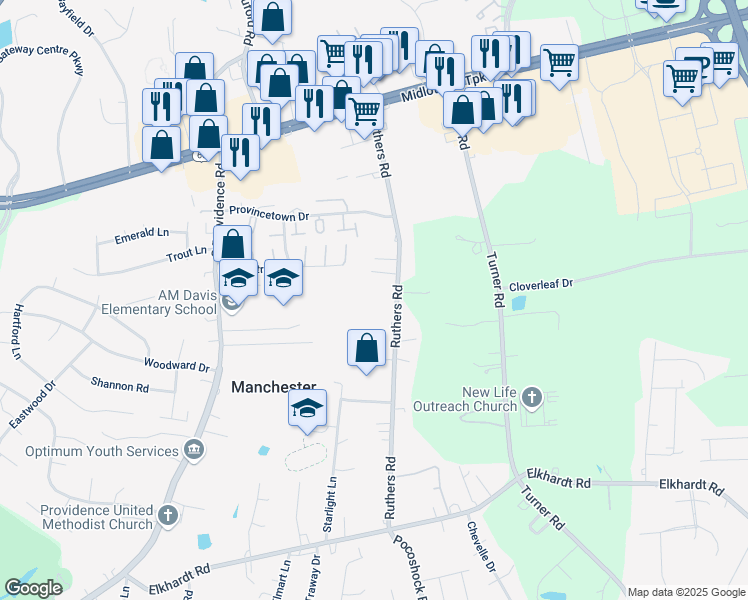 map of restaurants, bars, coffee shops, grocery stores, and more near 700 Ruthers Road in Richmond
