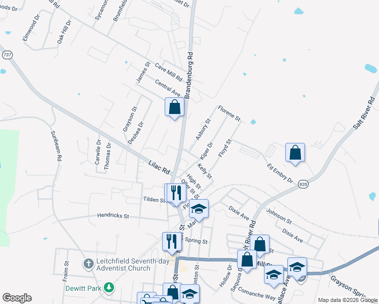 map of restaurants, bars, coffee shops, grocery stores, and more near 1399 Asbury Street in Leitchfield