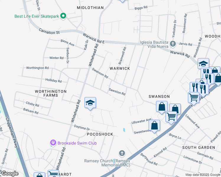 map of restaurants, bars, coffee shops, grocery stores, and more near 1023 Bramwell Road in Richmond