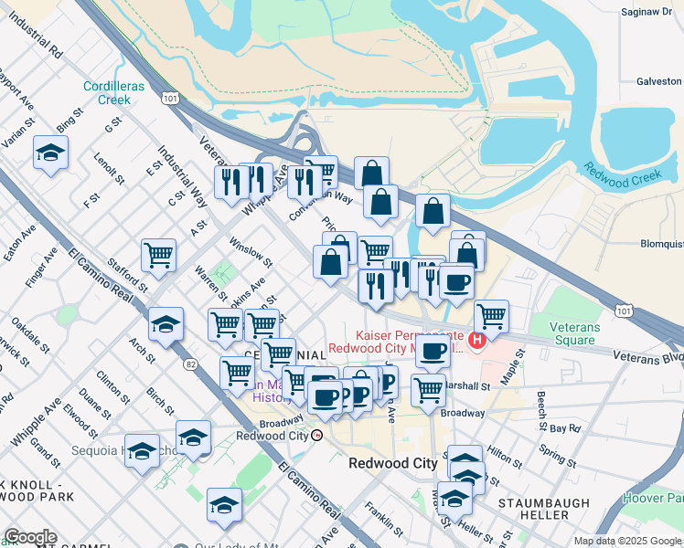 map of restaurants, bars, coffee shops, grocery stores, and more near 620 Price Ave in Redwood City