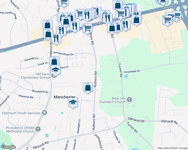 map of restaurants, bars, coffee shops, grocery stores, and more near 700 Ruthers Road in Richmond