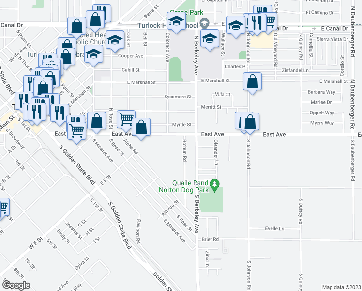 map of restaurants, bars, coffee shops, grocery stores, and more near 93 Bothun Road in Turlock