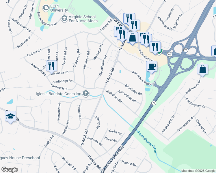 map of restaurants, bars, coffee shops, grocery stores, and more near 132 North Arch Road in Richmond