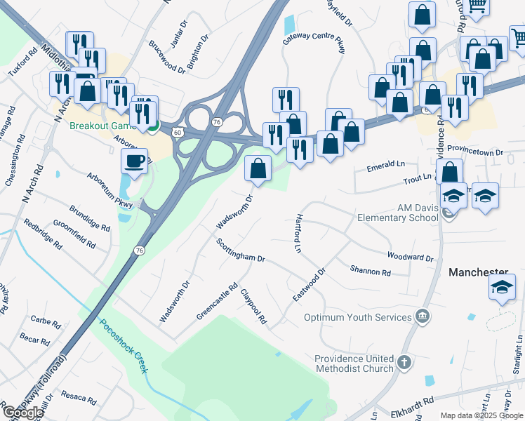 map of restaurants, bars, coffee shops, grocery stores, and more near 302 Grinell Drive in Richmond