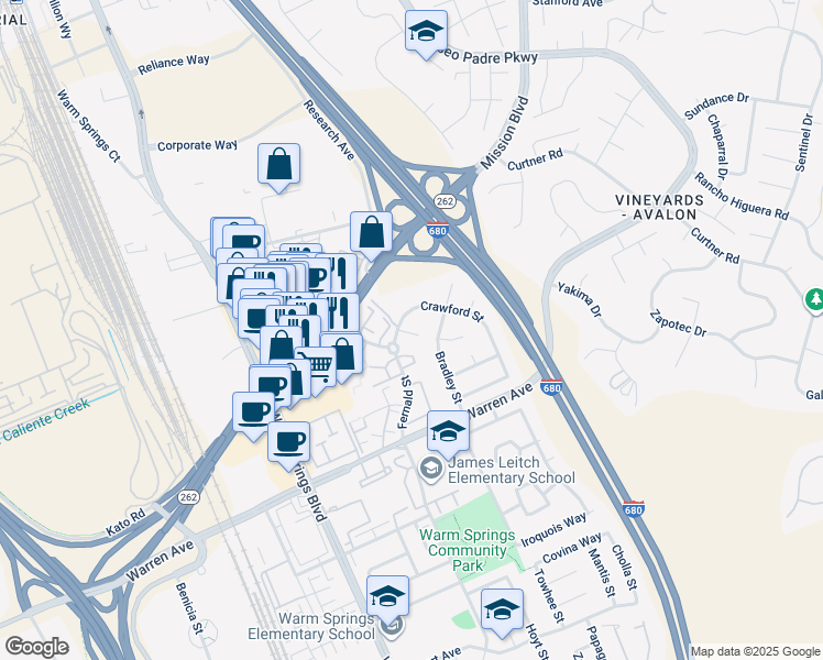 map of restaurants, bars, coffee shops, grocery stores, and more near 46710 Crawford Street in Fremont