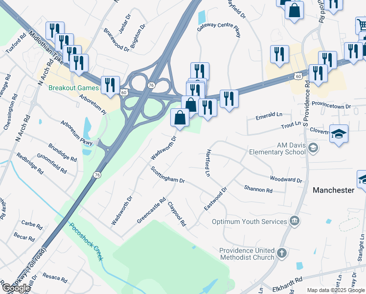 map of restaurants, bars, coffee shops, grocery stores, and more near 302 Grinell Drive in Richmond