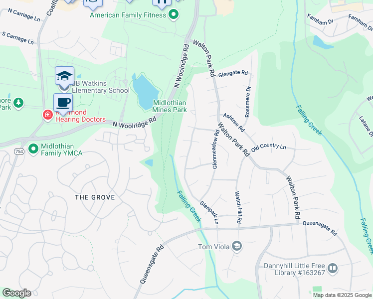 map of restaurants, bars, coffee shops, grocery stores, and more near 512 Glenpark Lane in Midlothian