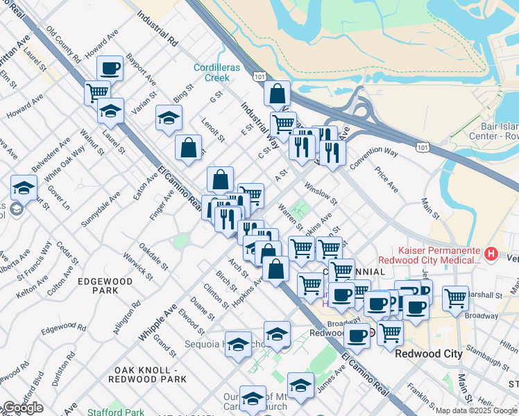 map of restaurants, bars, coffee shops, grocery stores, and more near 1300 Arguello Street in Redwood City