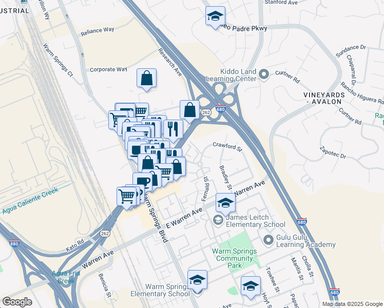 map of restaurants, bars, coffee shops, grocery stores, and more near 125 Mohave Common in Fremont