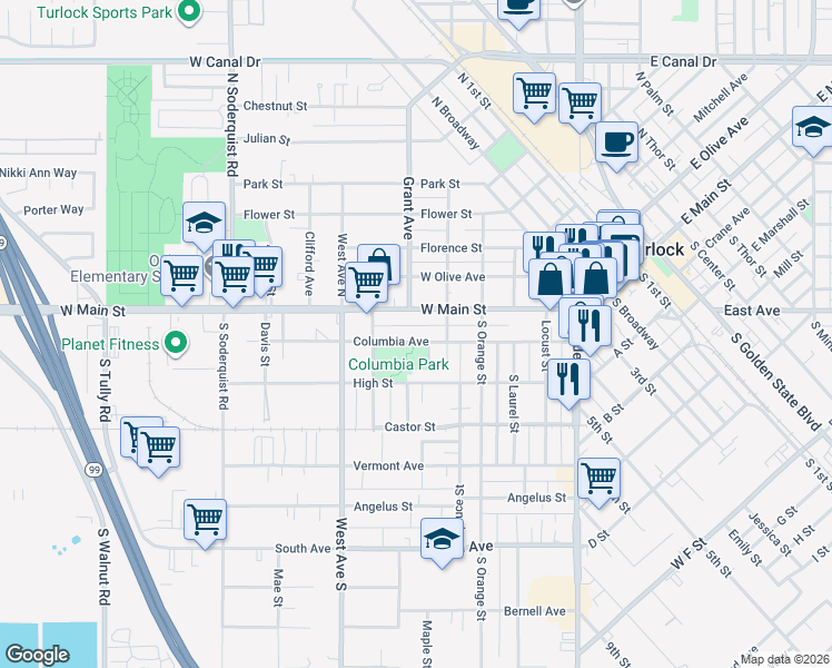 map of restaurants, bars, coffee shops, grocery stores, and more near 568 West Main Street in Turlock