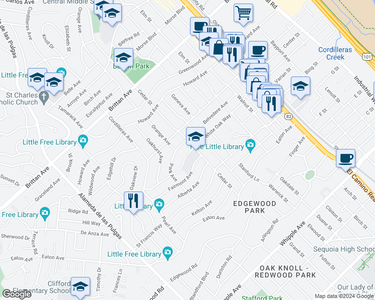 map of restaurants, bars, coffee shops, grocery stores, and more near in San Carlos