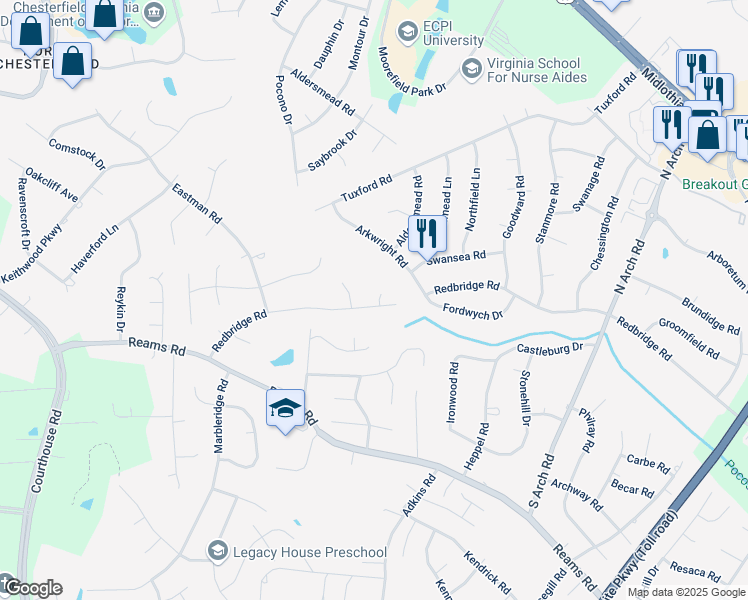 map of restaurants, bars, coffee shops, grocery stores, and more near 10000 Redbridge Road in Richmond