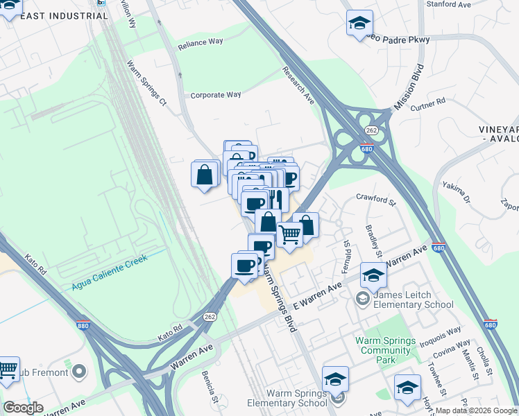 map of restaurants, bars, coffee shops, grocery stores, and more near 46551 Mission Boulevard in Fremont