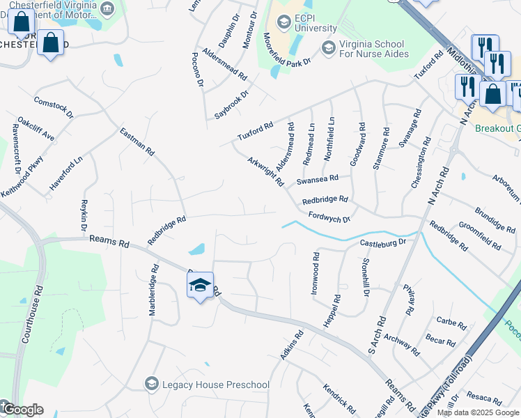 map of restaurants, bars, coffee shops, grocery stores, and more near 10000 Redbridge Road in Richmond