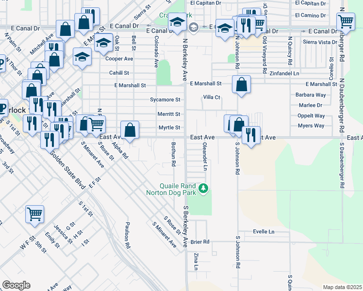 map of restaurants, bars, coffee shops, grocery stores, and more near 1598 East Avenue in Turlock