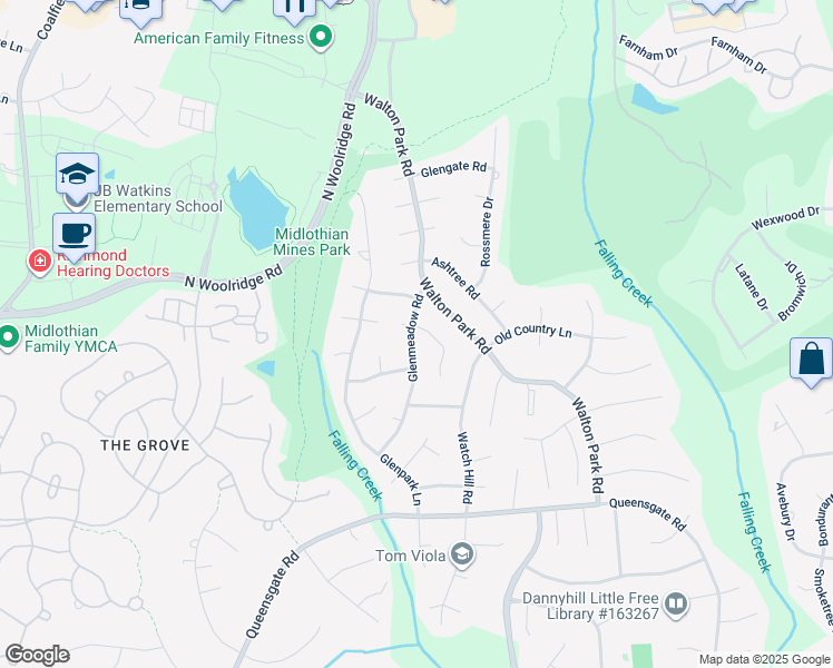 map of restaurants, bars, coffee shops, grocery stores, and more near 500 Glenmeadow Terrace in Midlothian