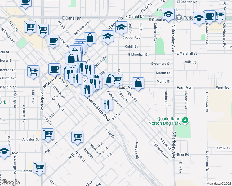 map of restaurants, bars, coffee shops, grocery stores, and more near 1190 East Avenue in Turlock
