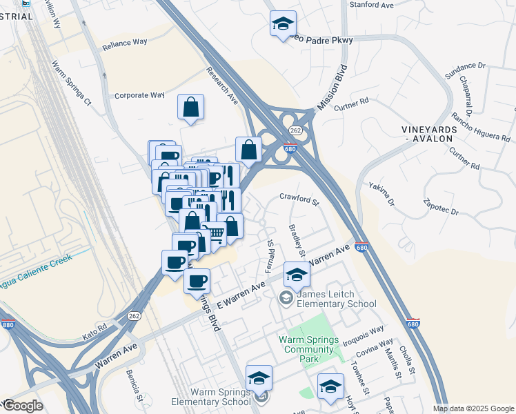 map of restaurants, bars, coffee shops, grocery stores, and more near 46710 Crawford Street in Fremont